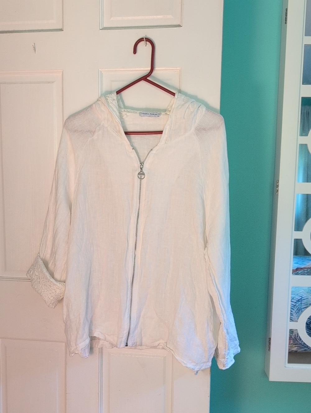 Tempo Paris Linen Lightweight White Hooded Zip Jacket